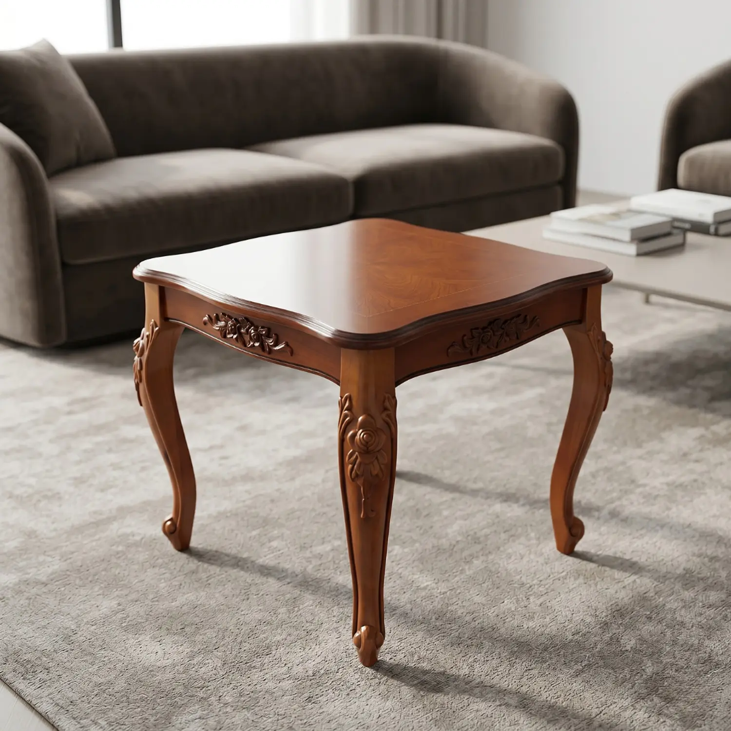 Mesa de Centro Cuadrada Clásica de Madera Tallada para Living y Sala 1