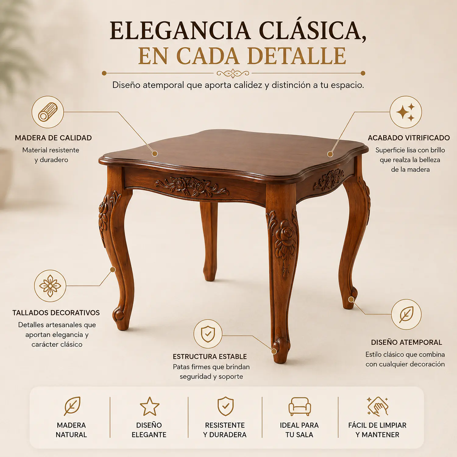 Mesa de Centro Cuadrada Clásica de Madera Tallada para Living y Sala 2