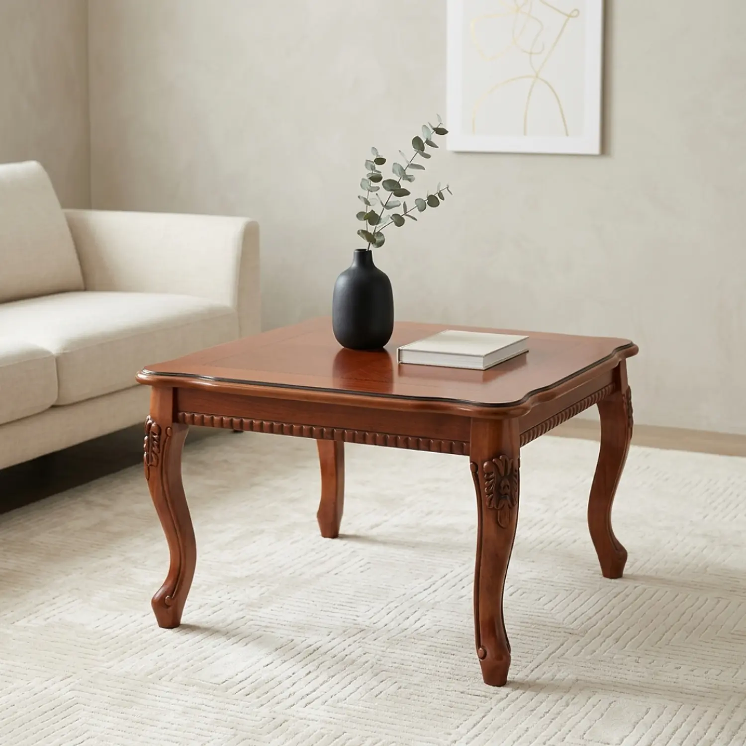 Mesa de Centro Cuadrada Clásica de Madera Tallada para Living y Sala 1