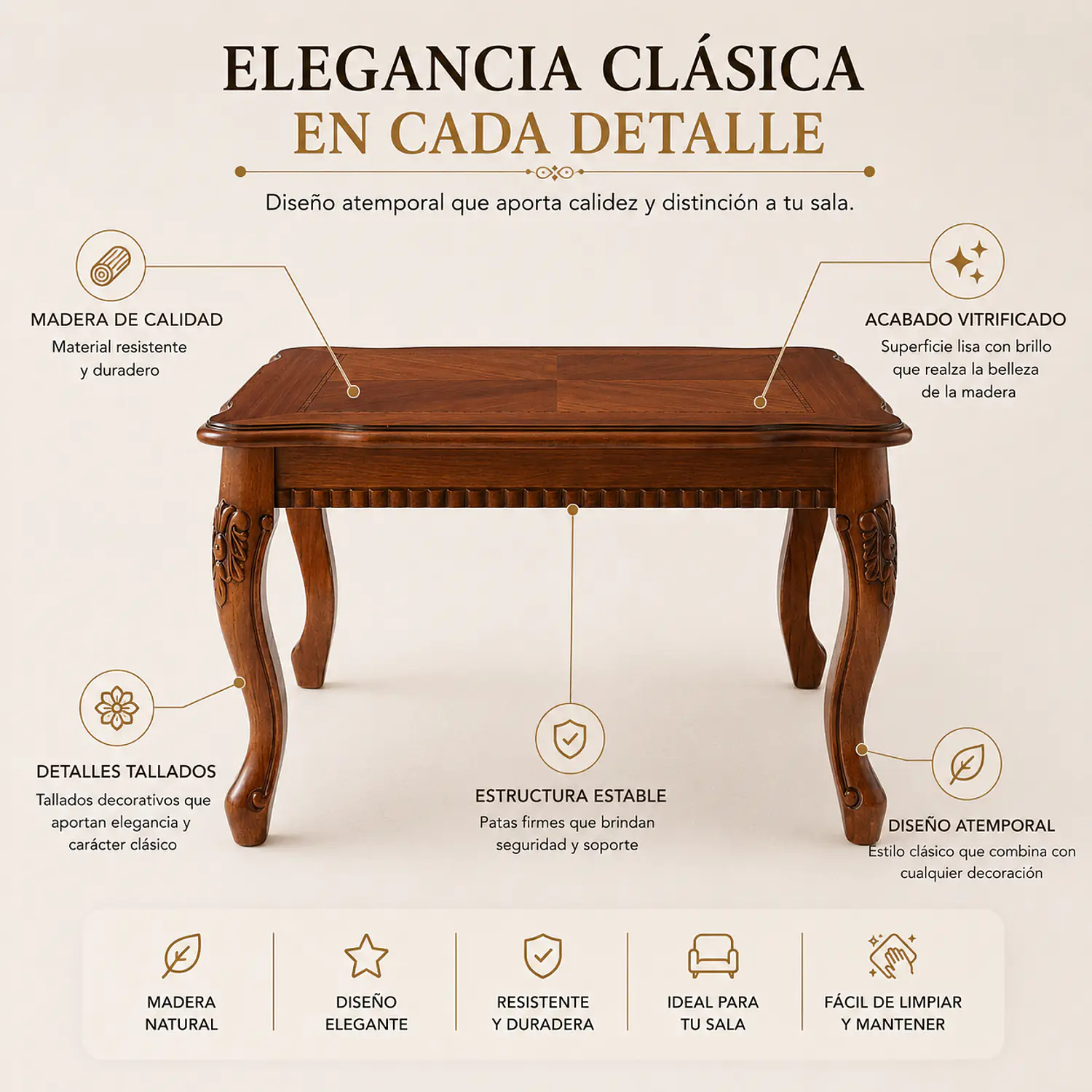 Mesa de Centro Cuadrada Clásica de Madera Tallada para Living y Sala 2
