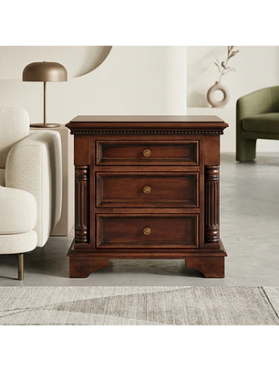 Velador Clásico de Madera con 3 Gavetas para Dormitorio