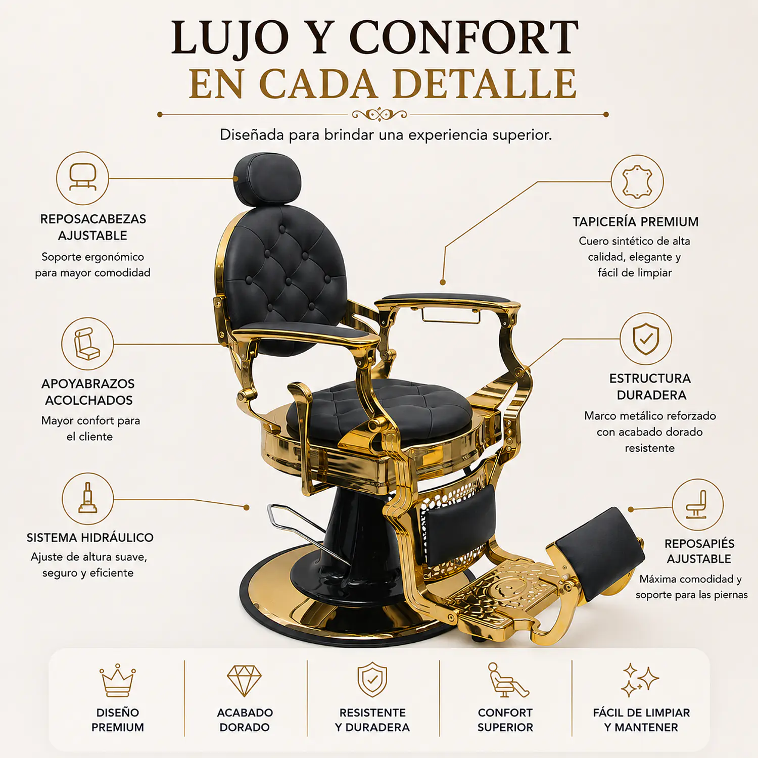 Sillón Barbero Gold Negro Reclinable en Eco Cuero para Barbería Premium 2