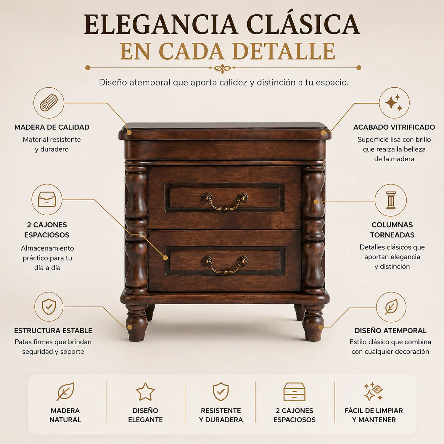 Velador Clásico de Madera 2 Gavetas con Diseño Vintage 2