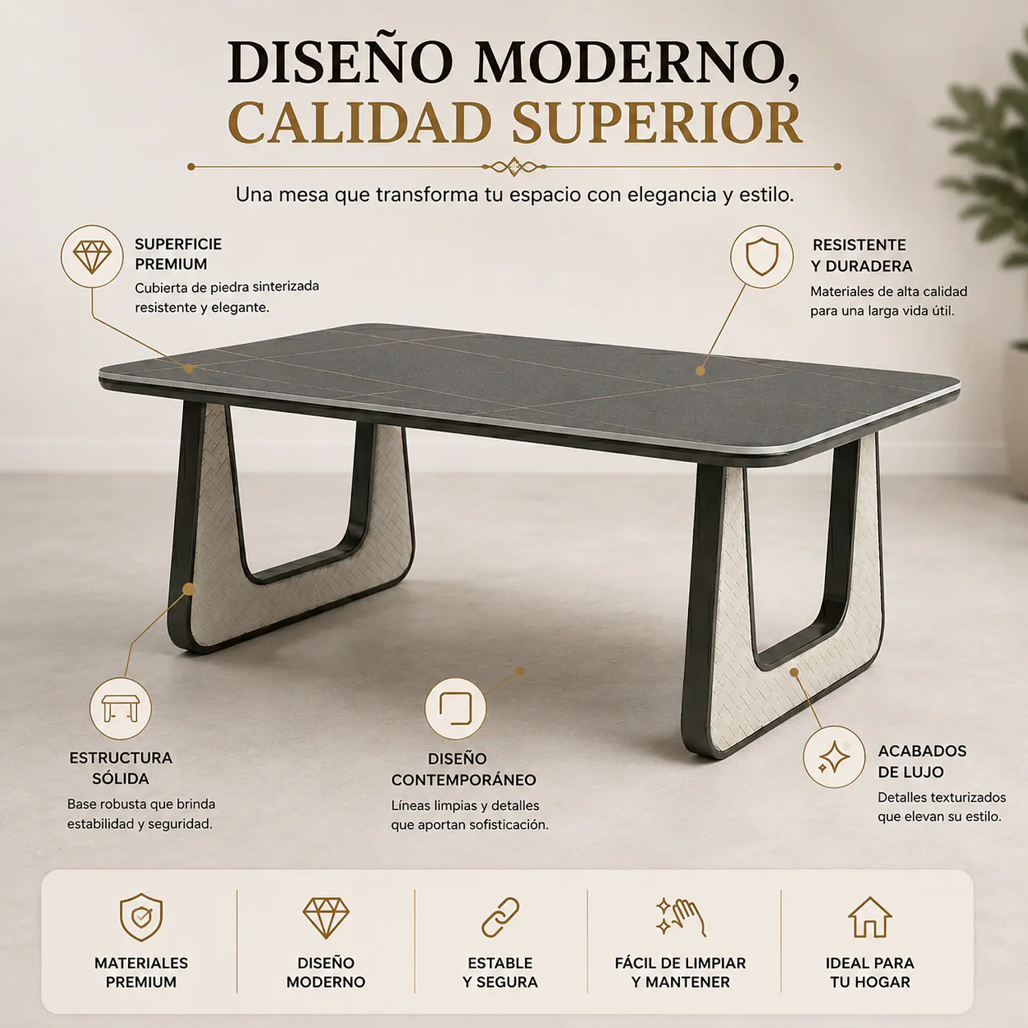 Mesa de Centro Moderna Piedra Sintetizada y Base Metálica 2