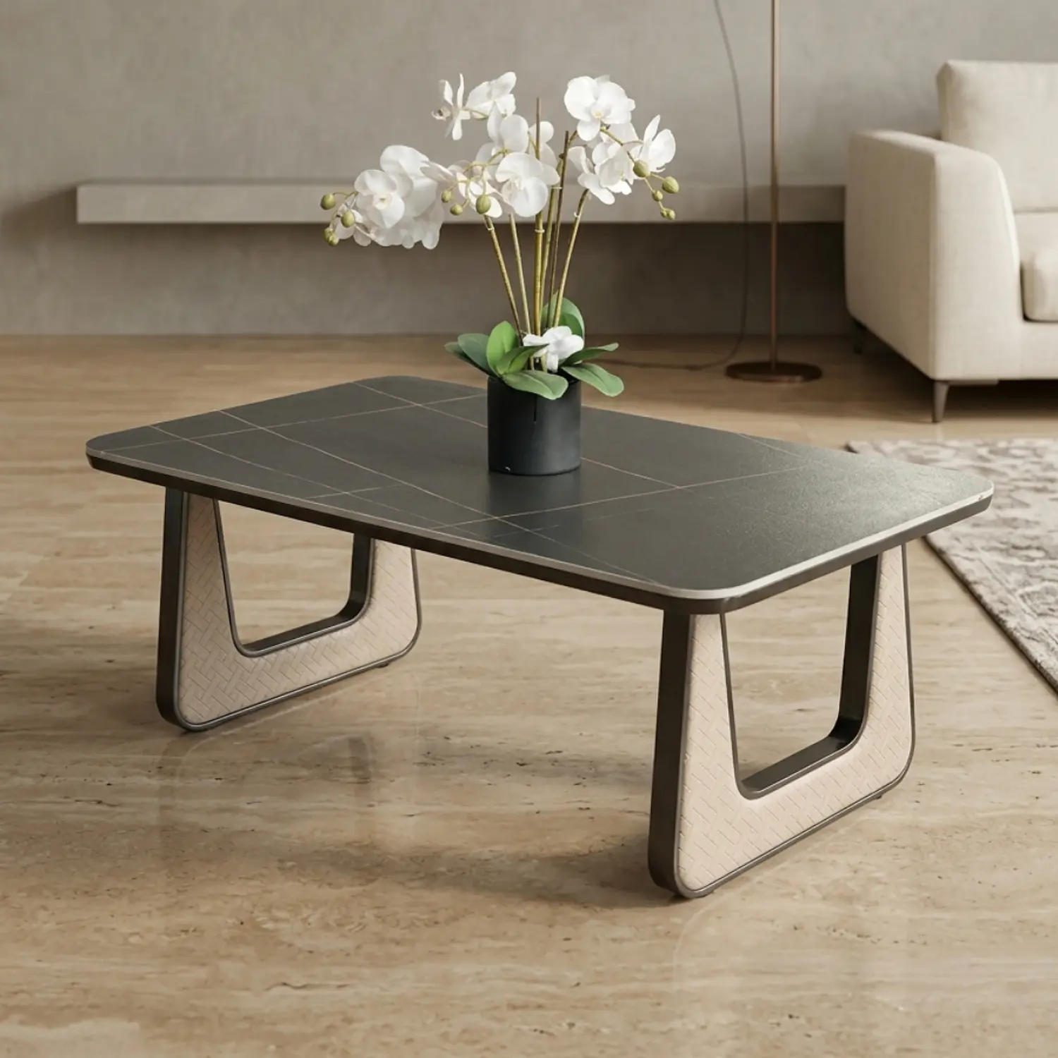 Mesa de Centro Moderna Piedra Sintetizada y Base Metálica 3