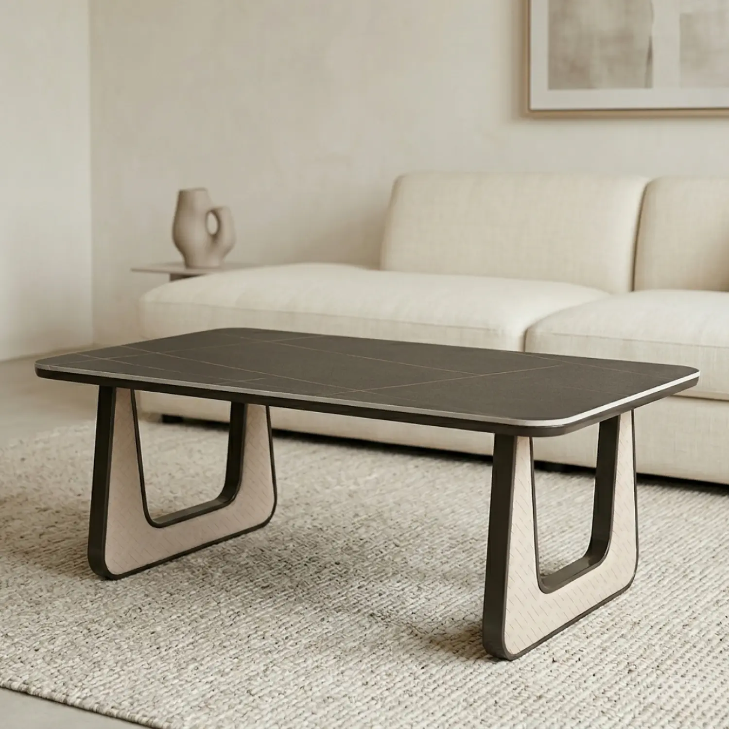 Mesa de Centro Moderna Piedra Sintetizada y Base Metálica 1