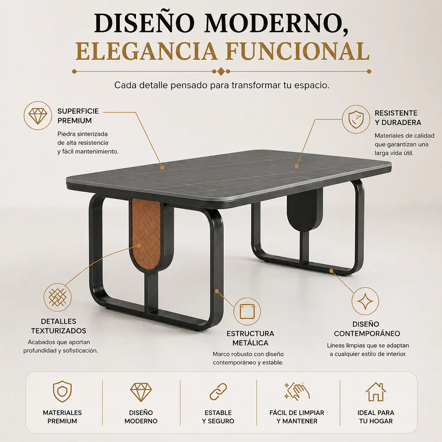 Mesa de Centro Moderna Piedra Sinterizada y Base Metálica 2