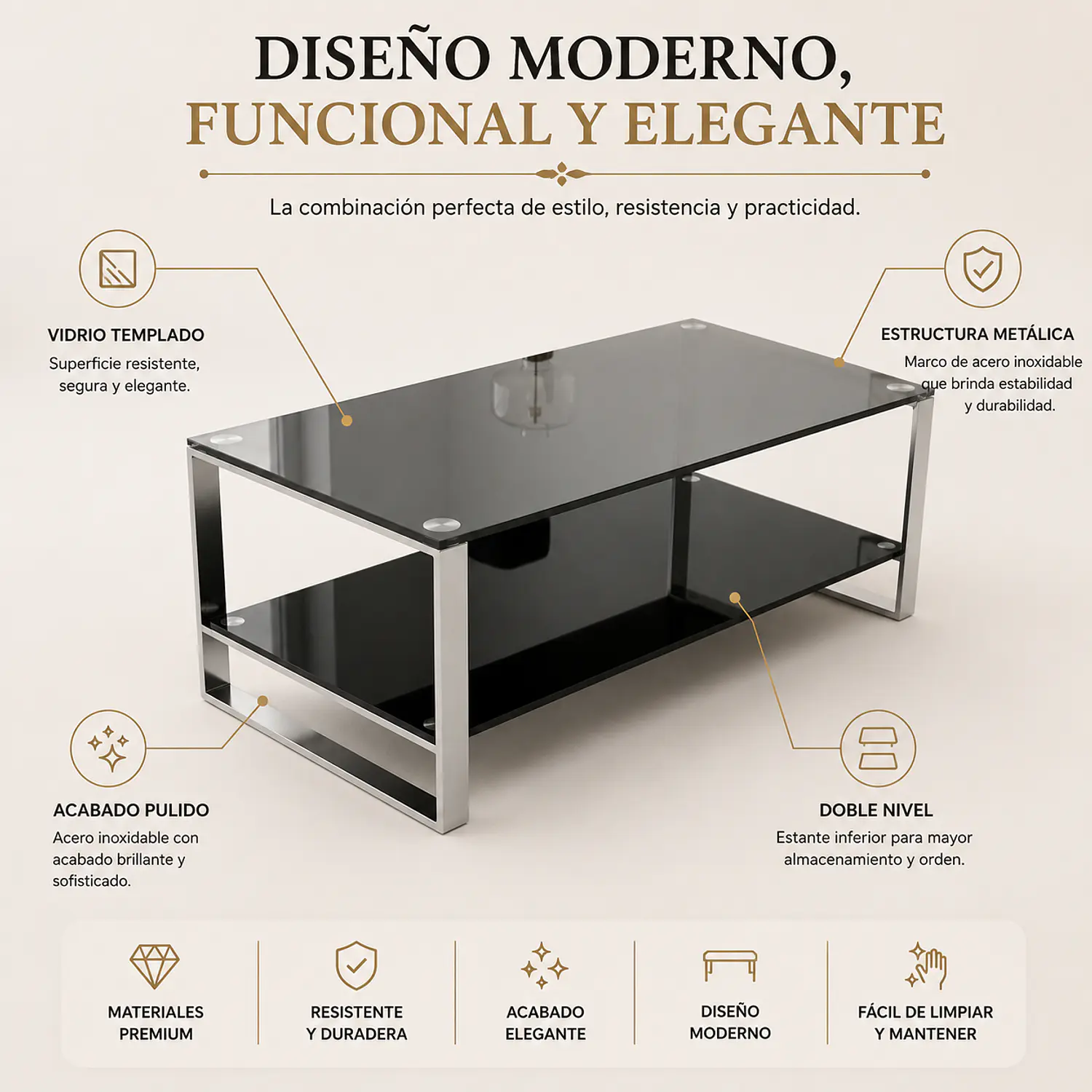 Mesa de Centro Moderna 2 Niveles Vidrio y Base Metálica 2