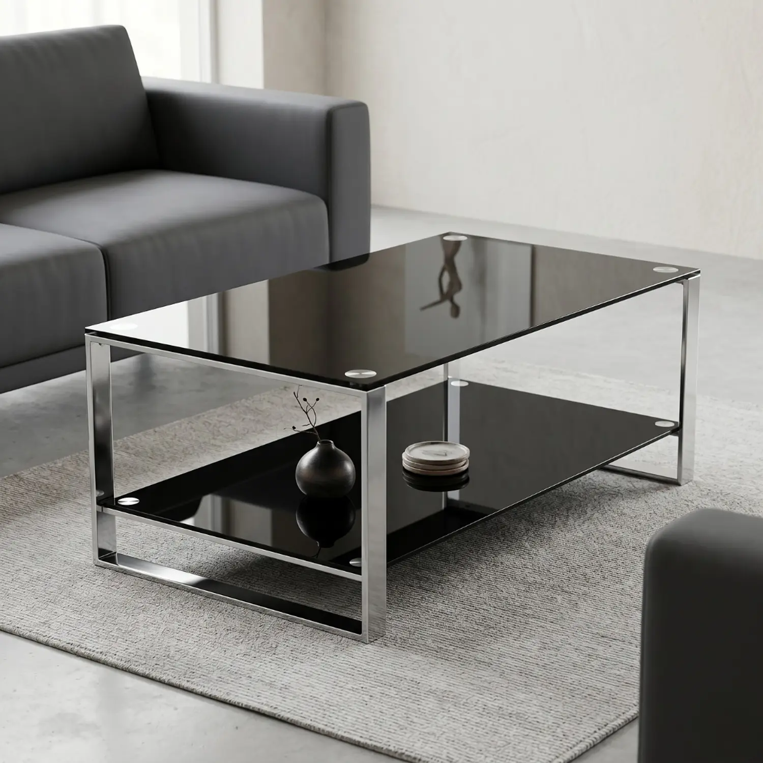 Mesa de Centro Moderna 2 Niveles Vidrio y Base Metálica 1