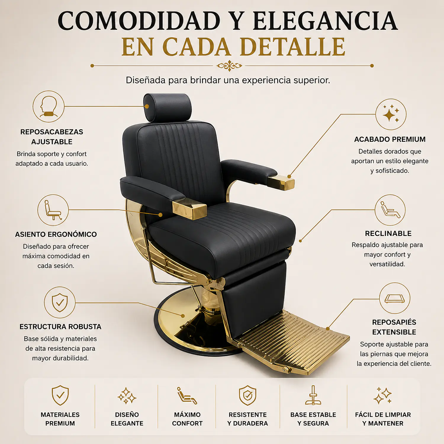 Sillón de Barbería Profesional Negro y Dorado Hidráulico con Reposapiés Imperial Gold Pro 3