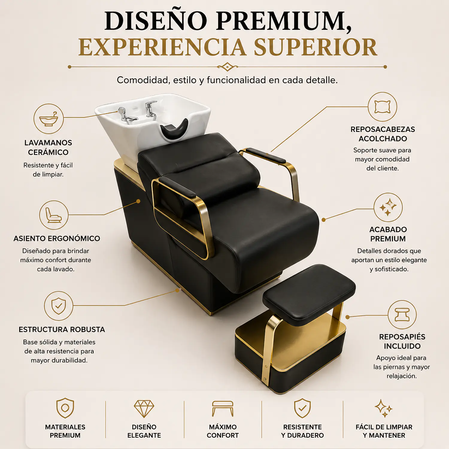 Sillón Lavapelo Profesional Ergonómico con Cerámica Negro y Dorado con Reposapiés  3