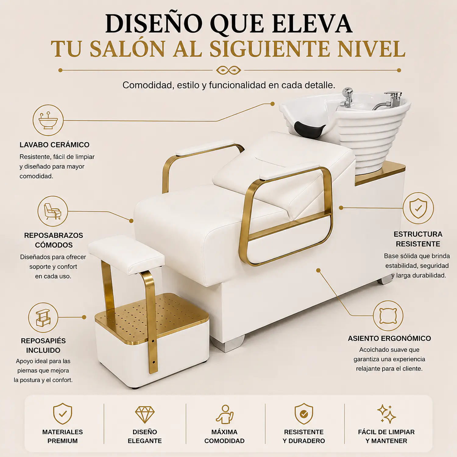 Sillón Lavapelo Profesional Blanco y Dorado para Peluquería 2
