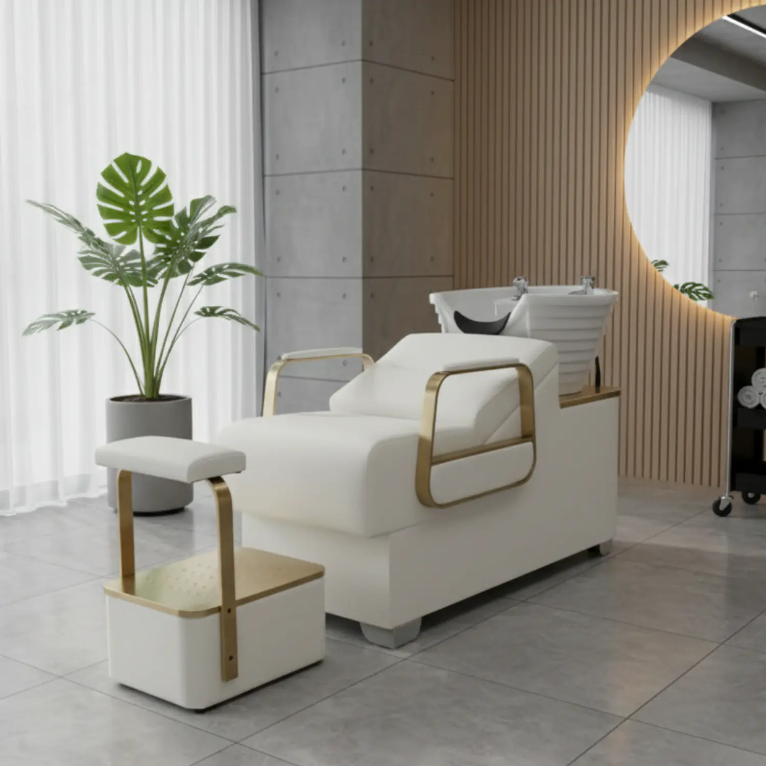 Sillón Lavapelo Profesional Blanco y Dorado para Peluquería 1
