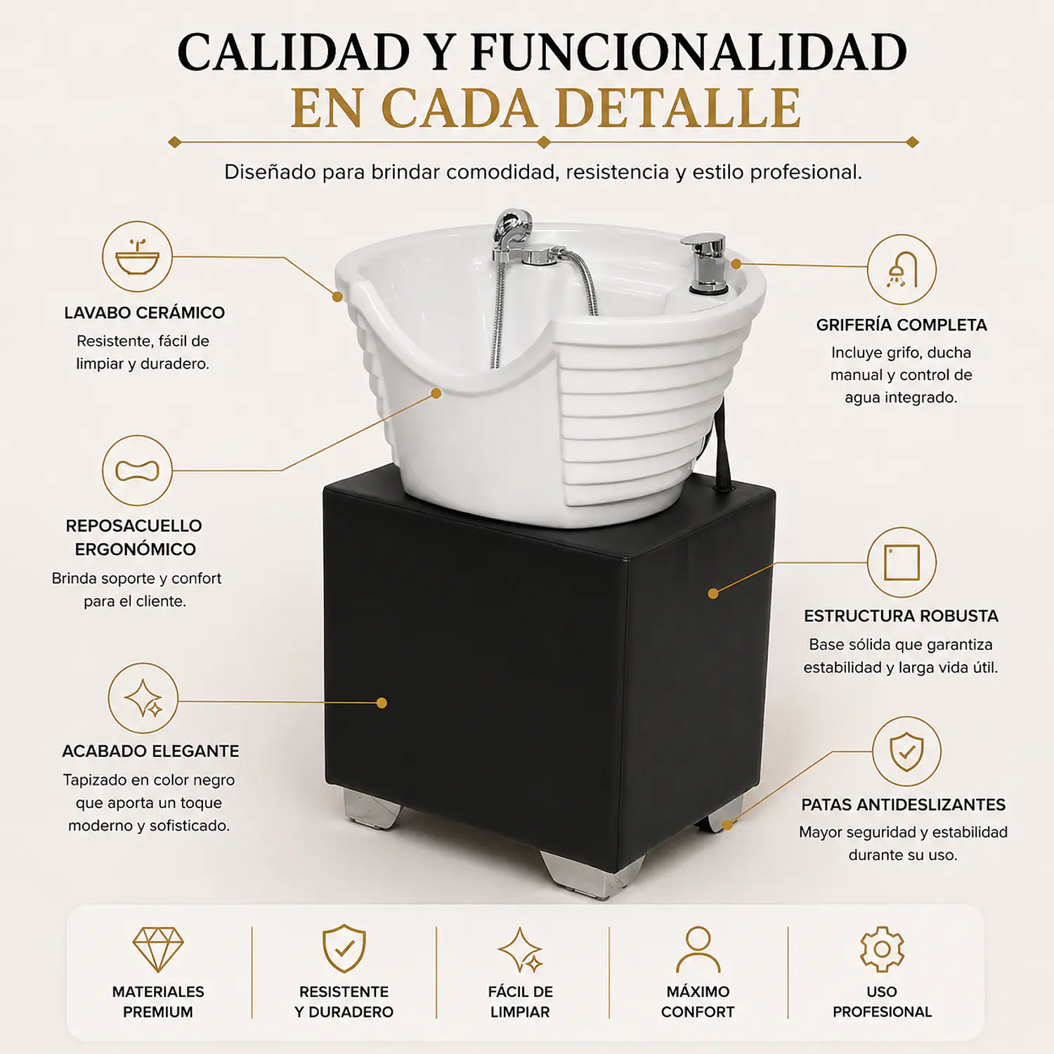 Lavapelo Compacto de Cerámica con Base Negra para Peluquería 2
