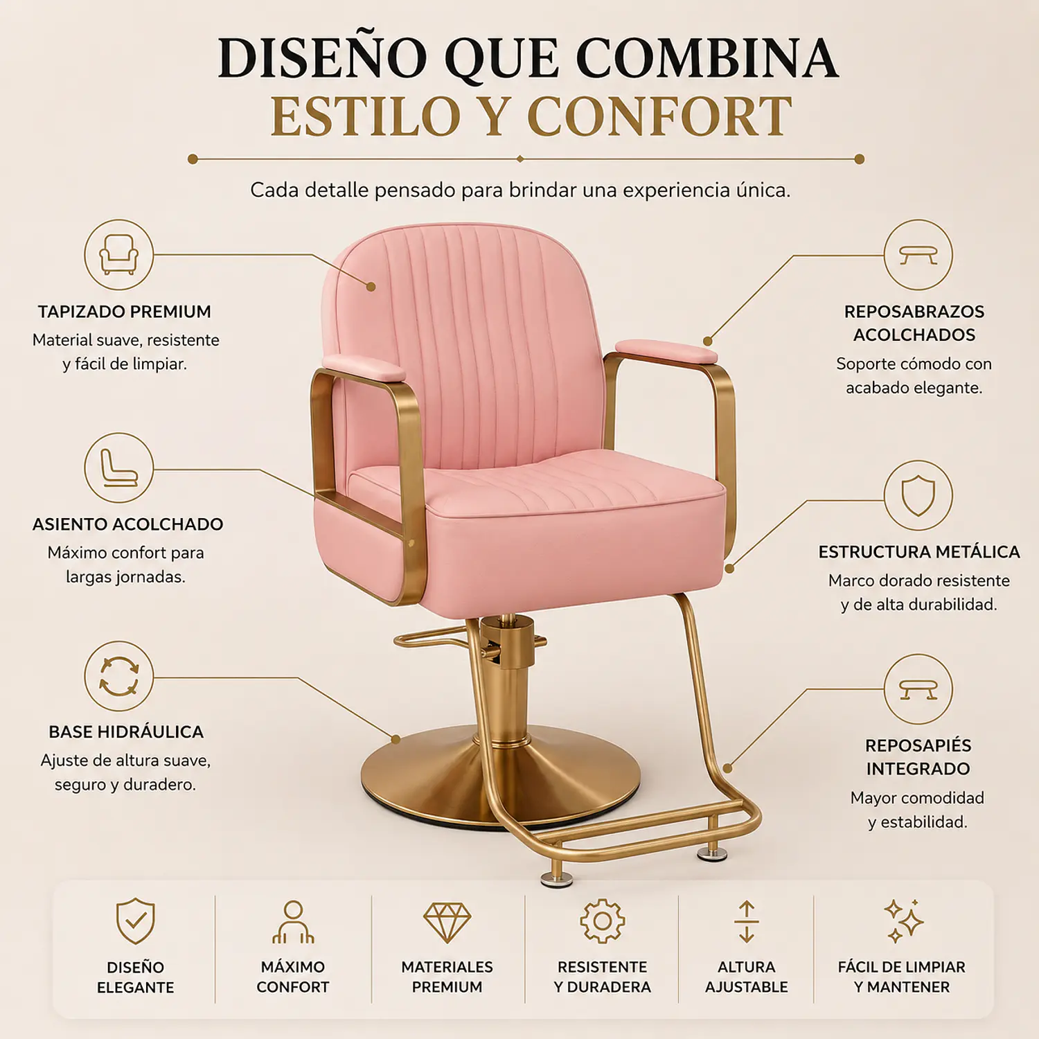 Sillón de Peluquería en Eco Cuero con Apoya Pies Dorado 3