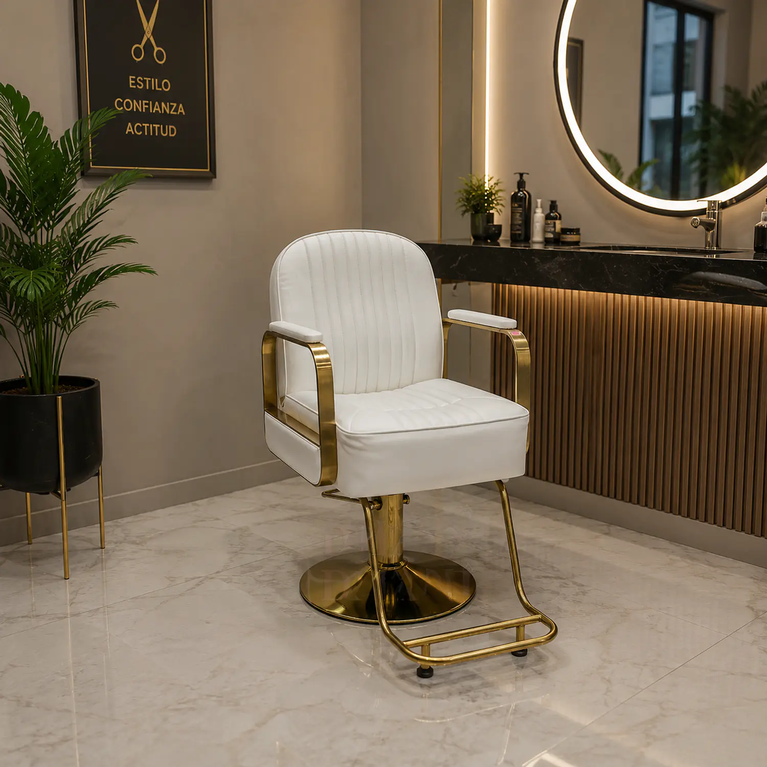 Sillón de Peluquería en Eco Cuero con Apoya Pies Dorado 7