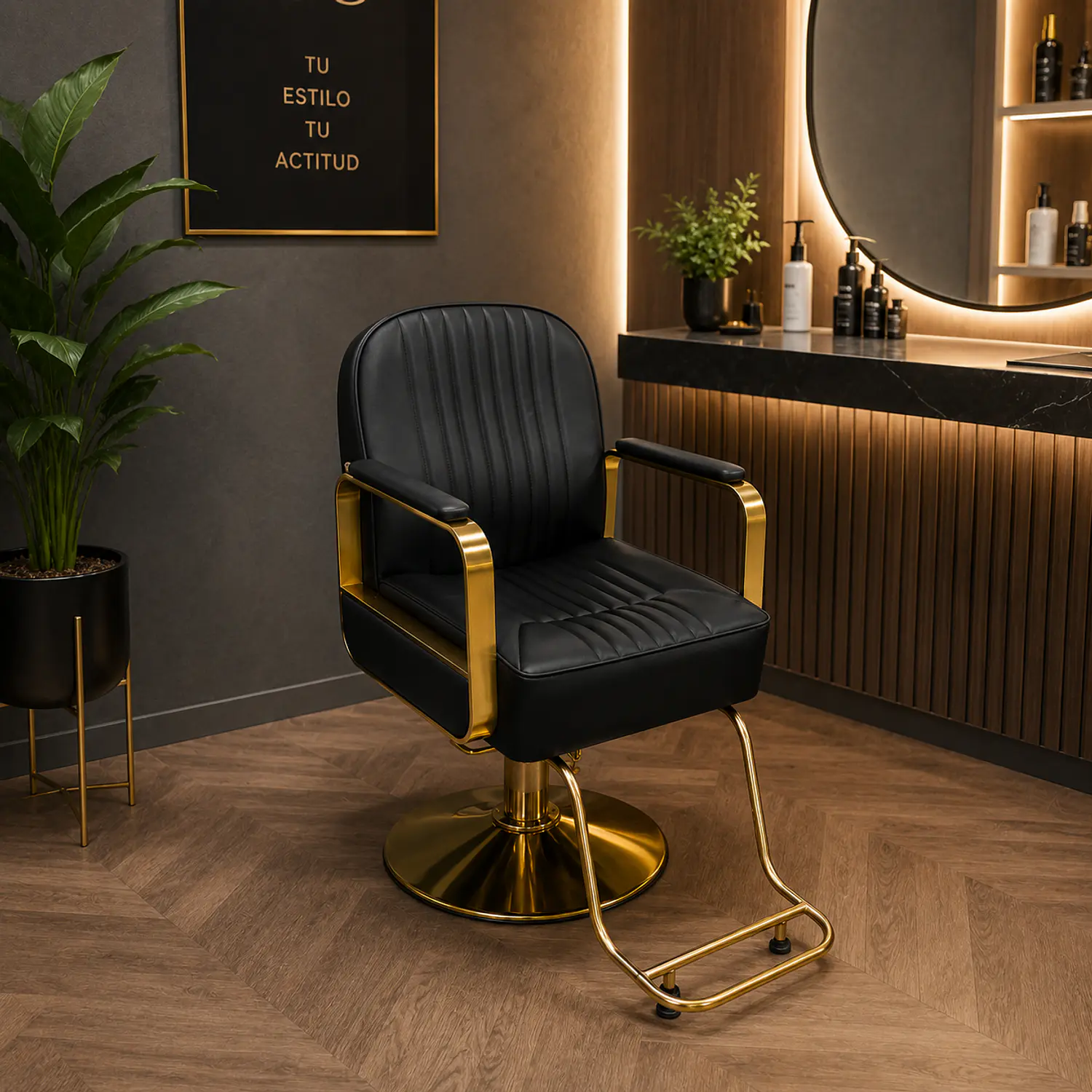 Sillón de Peluquería en Eco Cuero con Apoya Pies Dorado 9