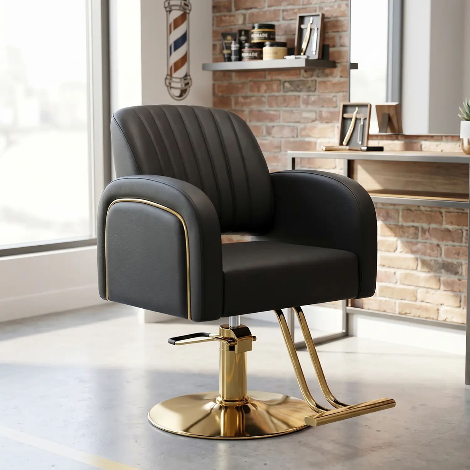 Sillón de Barbería Profesional Hidráulico Negro con Base Dorada 1