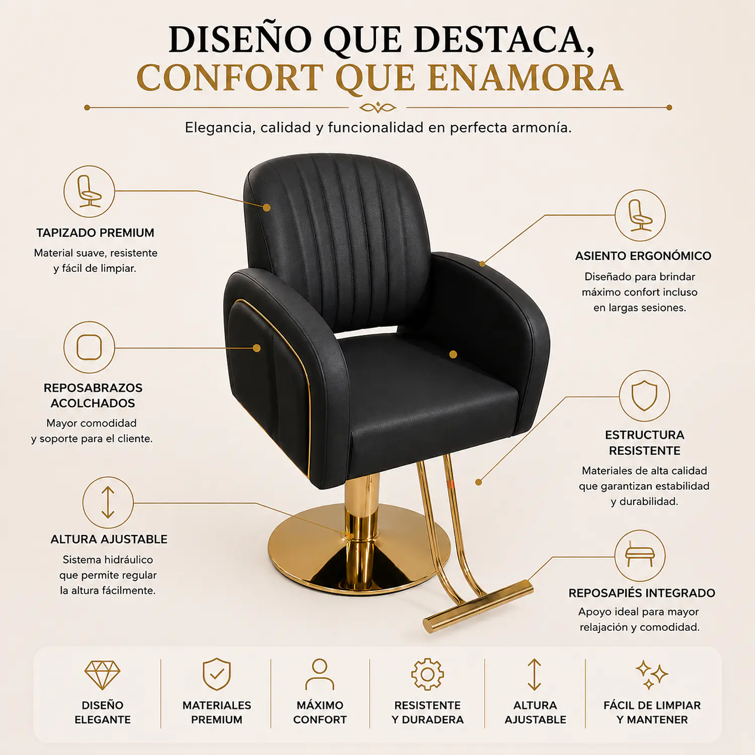 Sillón de Barbería Profesional Hidráulico Negro con Base Dorada 2
