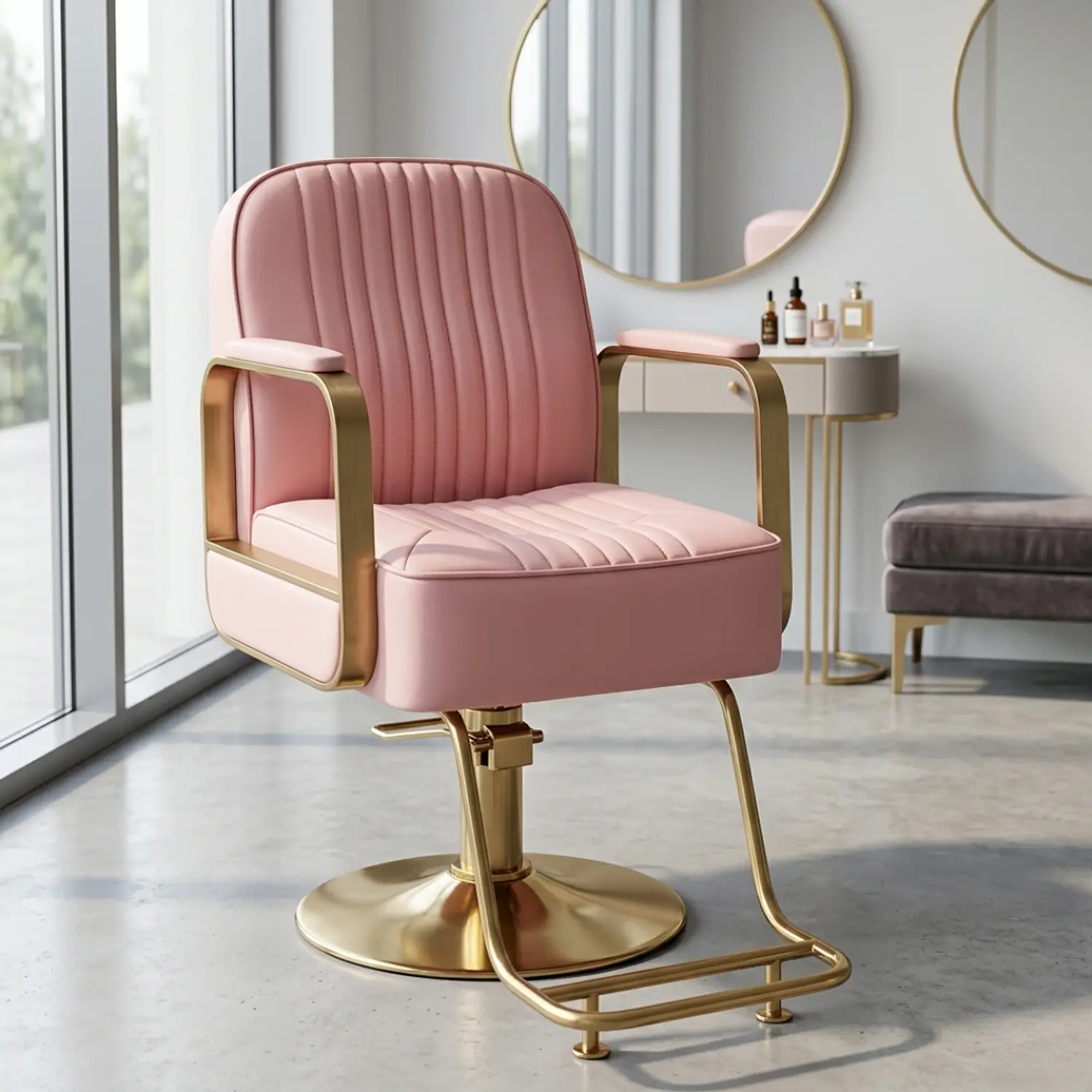 Sillón de Peluquería en Eco Cuero con Apoya Pies Dorado 1