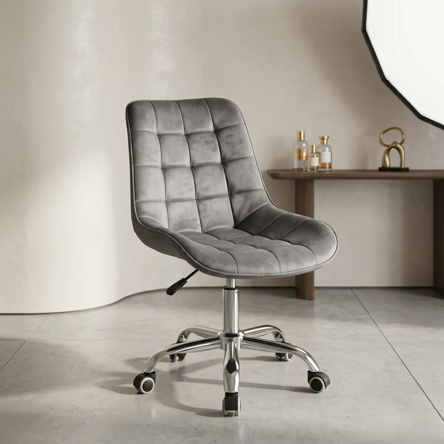 Silla Capitoné Top Oficina en Felpa con Base Cromada y Ruedas 1
