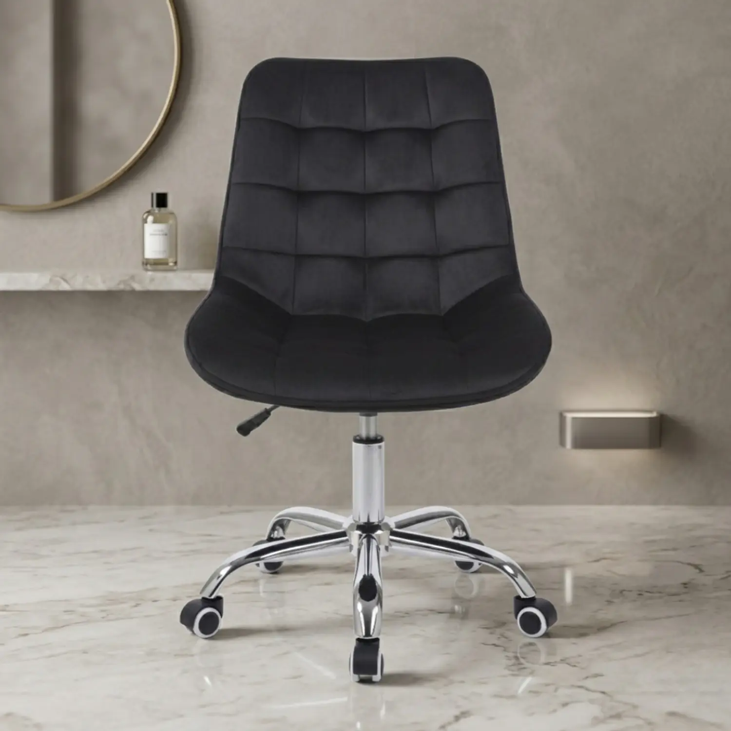 Silla Capitoné Top Oficina en Felpa con Base Cromada y Ruedas 14