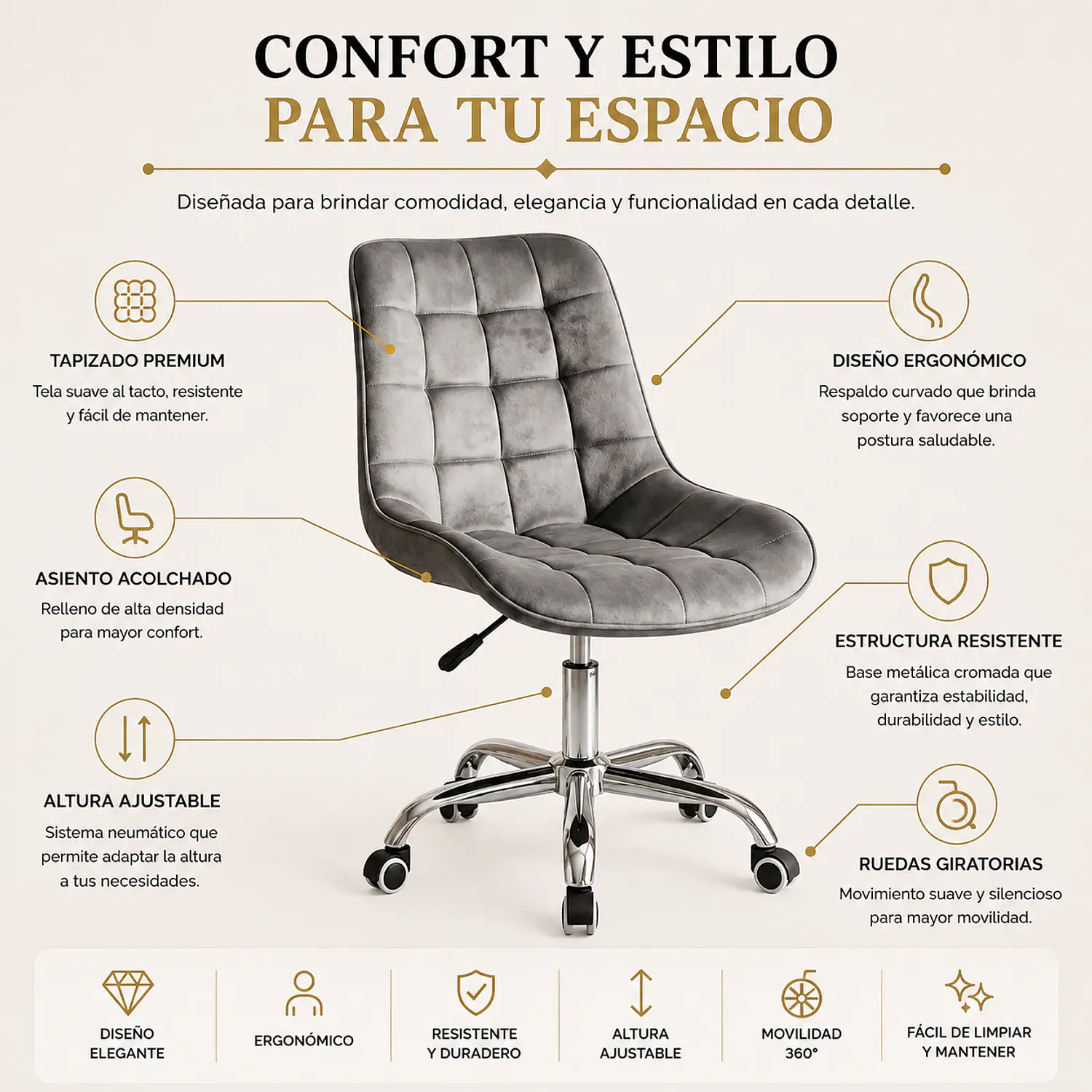 Silla Capitoné Top Oficina en Felpa con Base Cromada y Ruedas 3
