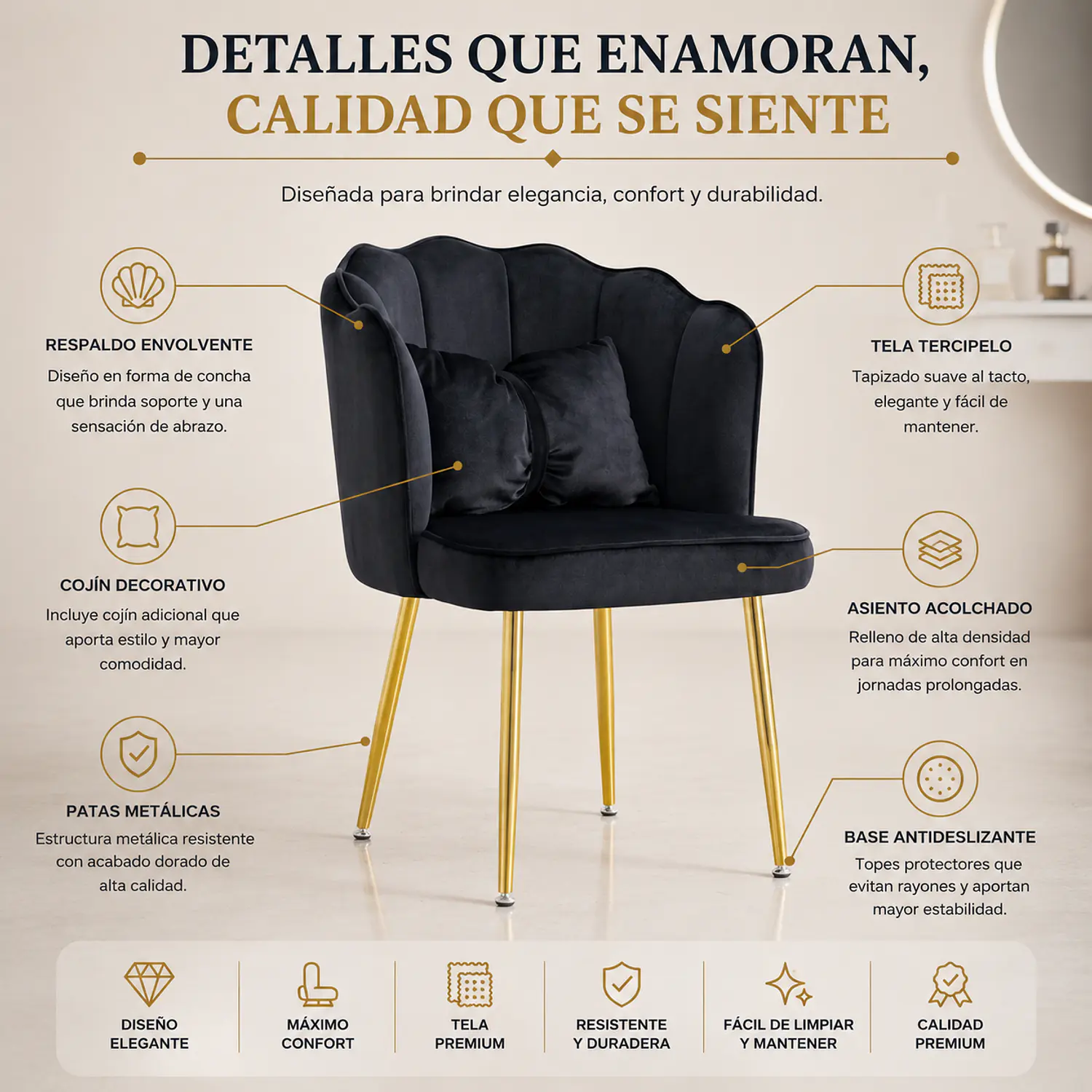 Silla Manicure Profesional Felpa Negra Flor con Patas Doradas Noir Shell 2