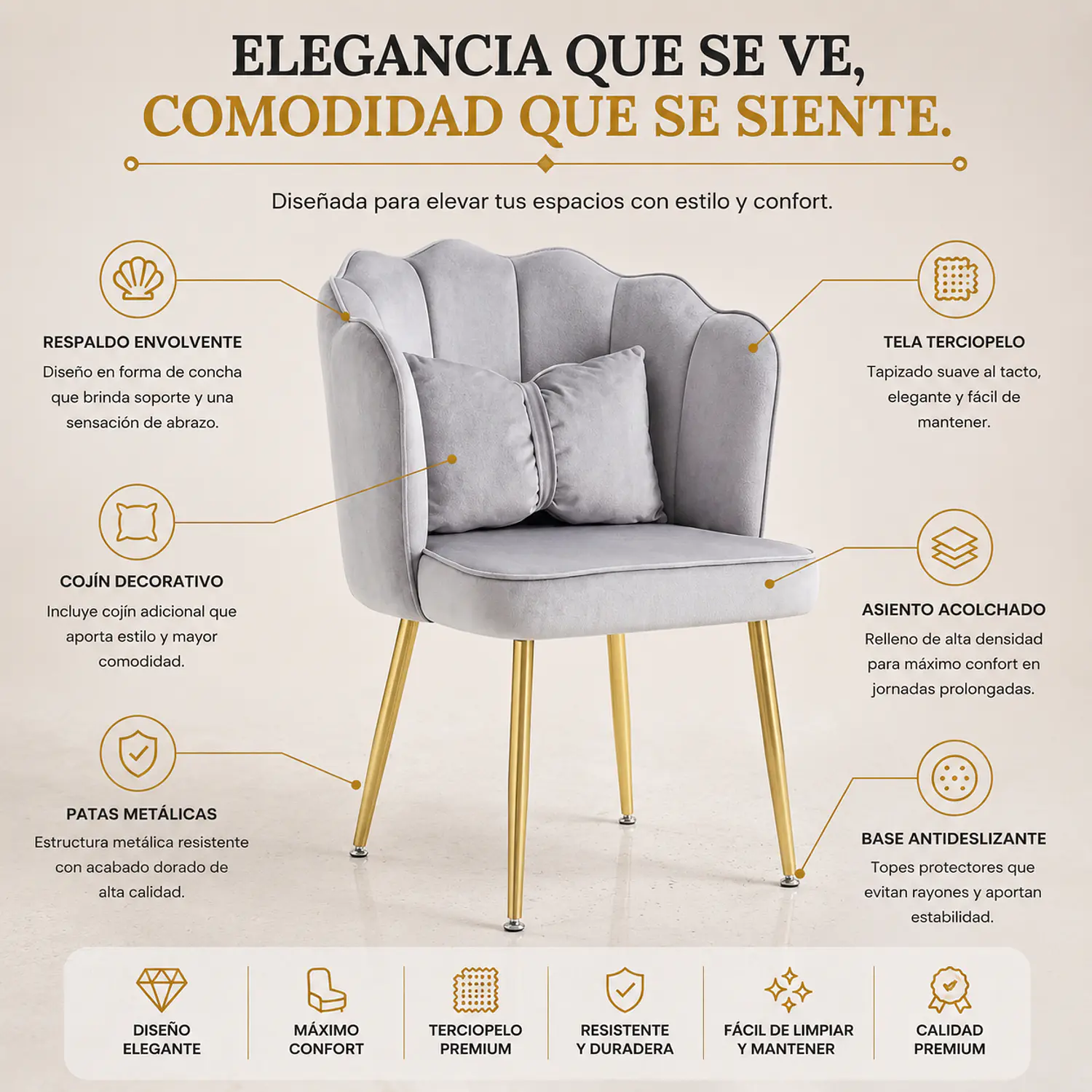 Silla Manicure Profesional Velvet Gris con Patas Doradas Aura Shell  2