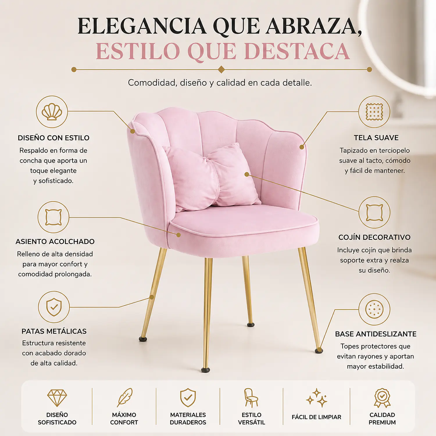 Silla Manicure Profesional  Rosa de Felpa con Cojín para Uñas y Salón de Belleza Bow Blush  2