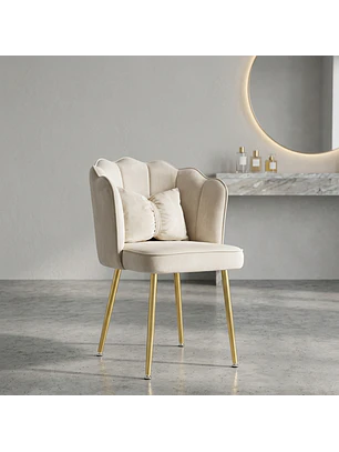 Sitial de Terciopelo Acolchado Color Beige con Patas Doradas Shell Élite Cream