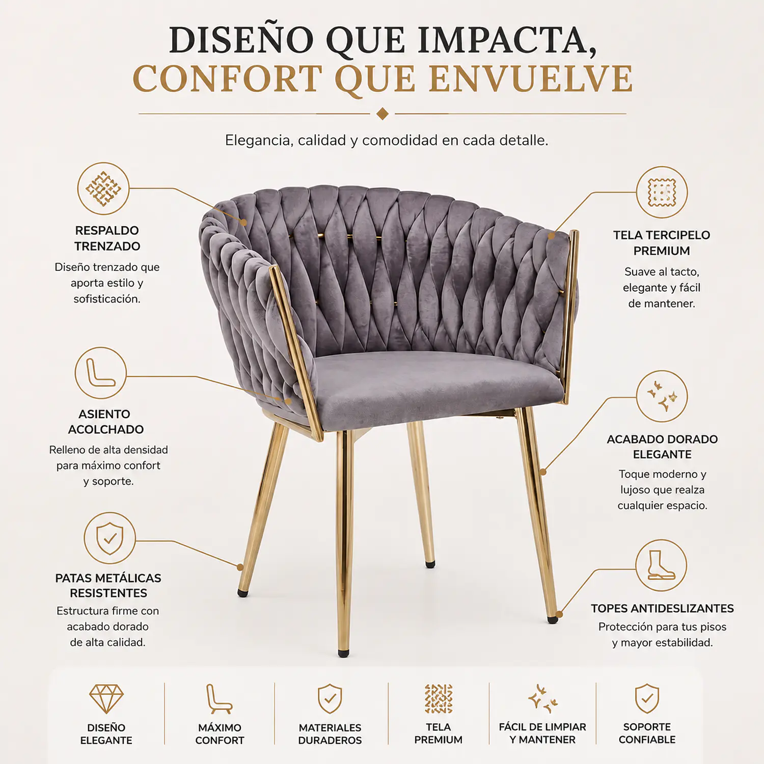 Silla Manicure Margaret con Patas Doradas para Salón de Belleza 2