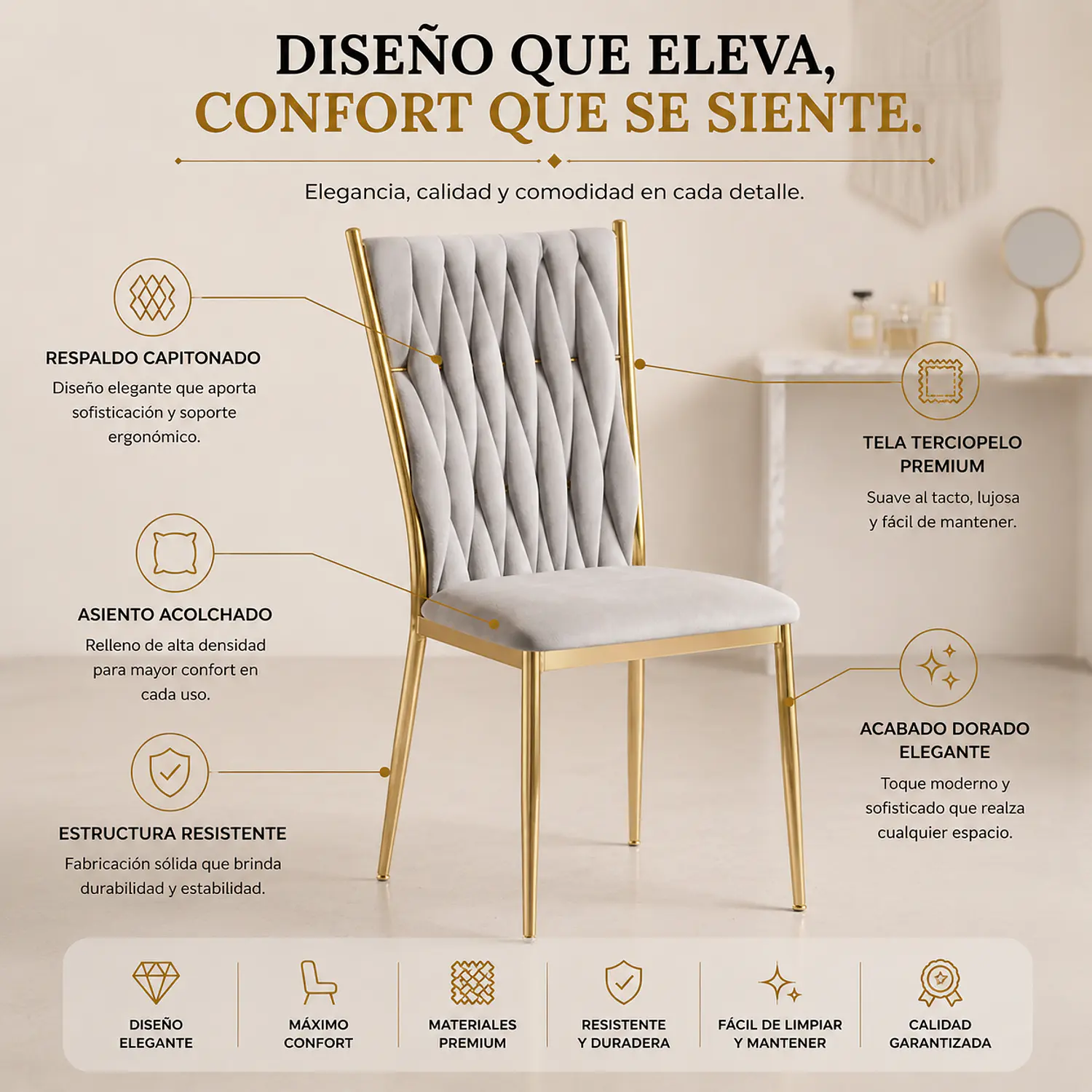 Silla King Velvet Dorada Tapizada Moderna para Comedor 2