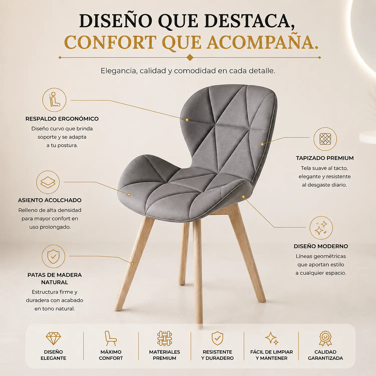 Silla Fiori Felpa Radar Moderna con Patas de Madera 2