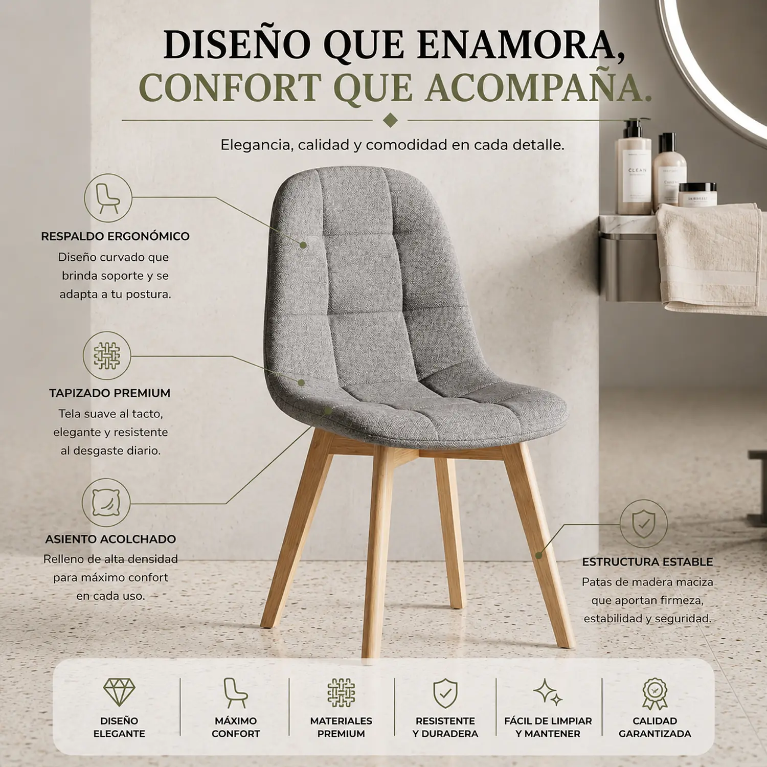 Silla Capitoné Lino Moderna con Patas de Madera Natural 2