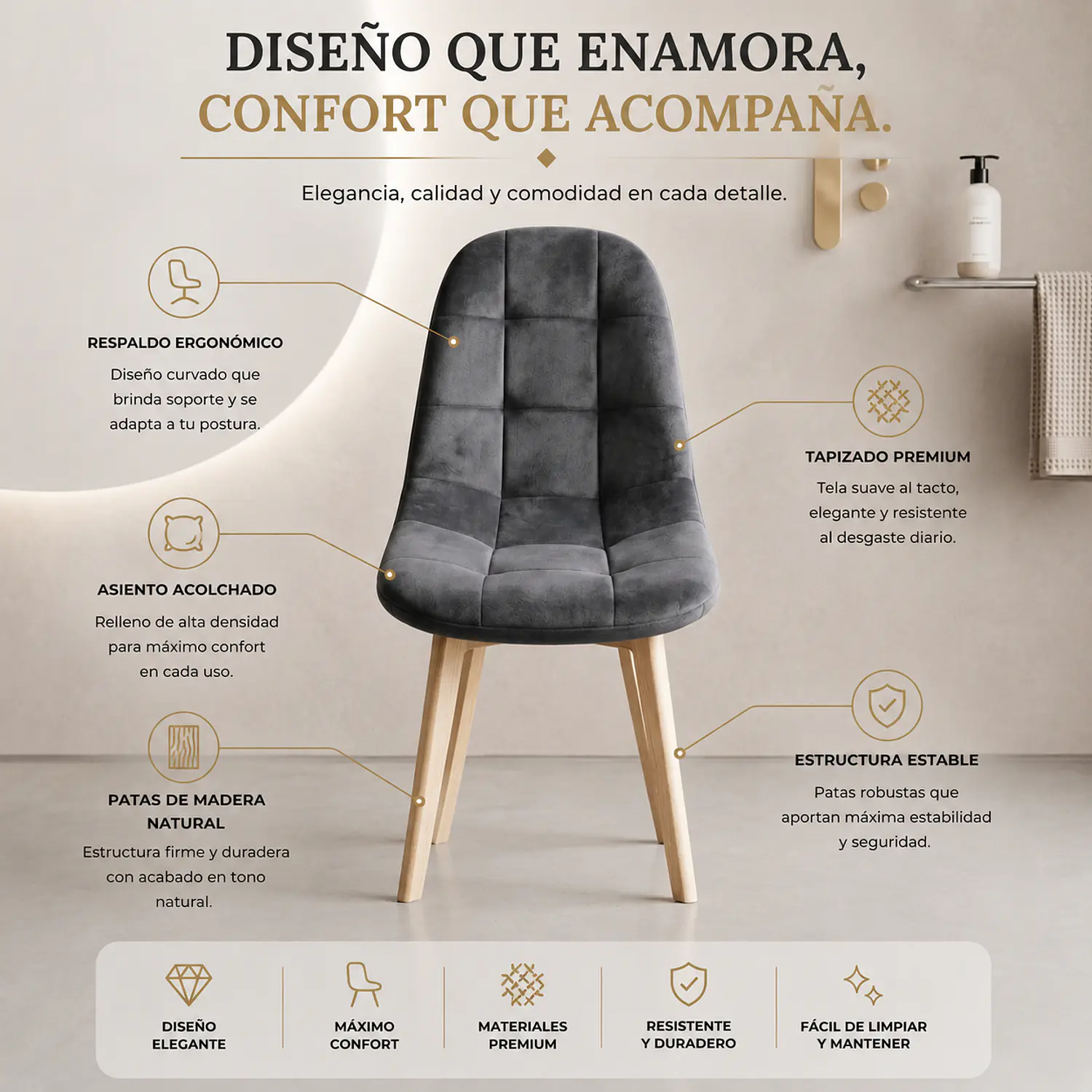 Silla Capitoné Felpa con Patas de Madera Nórdica 2