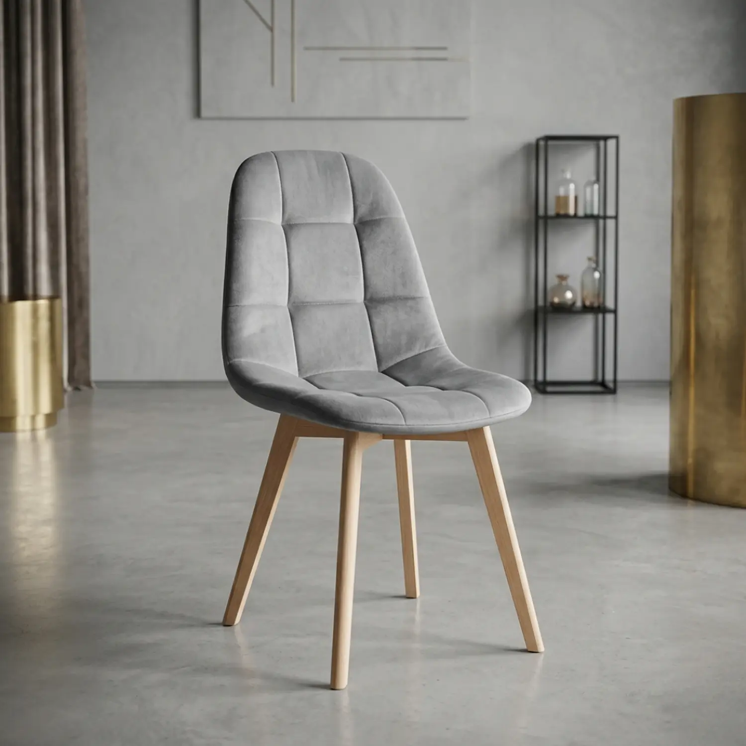 Silla Capitoné Felpa con Patas de Madera Nórdica 5
