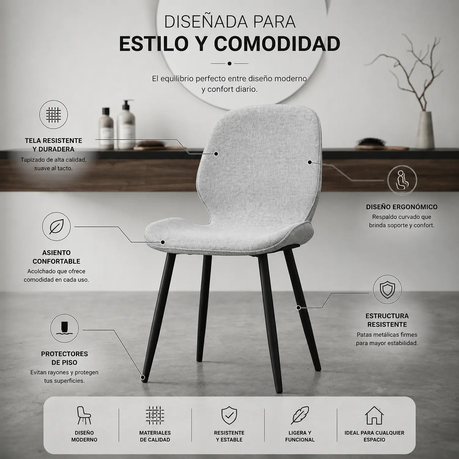Silla Manicure Profesional Tapizada en Lino con Patas Negras 2