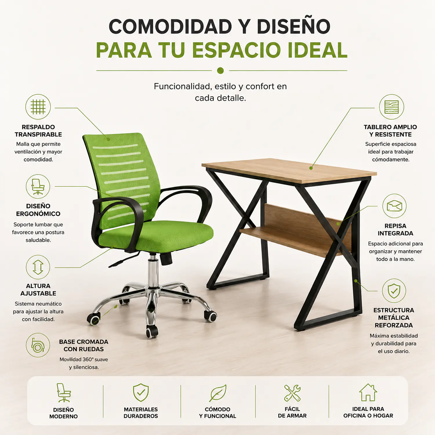Set Escritorio Oficina Moderno con Silla SemiErgonómica con Ruedas 2