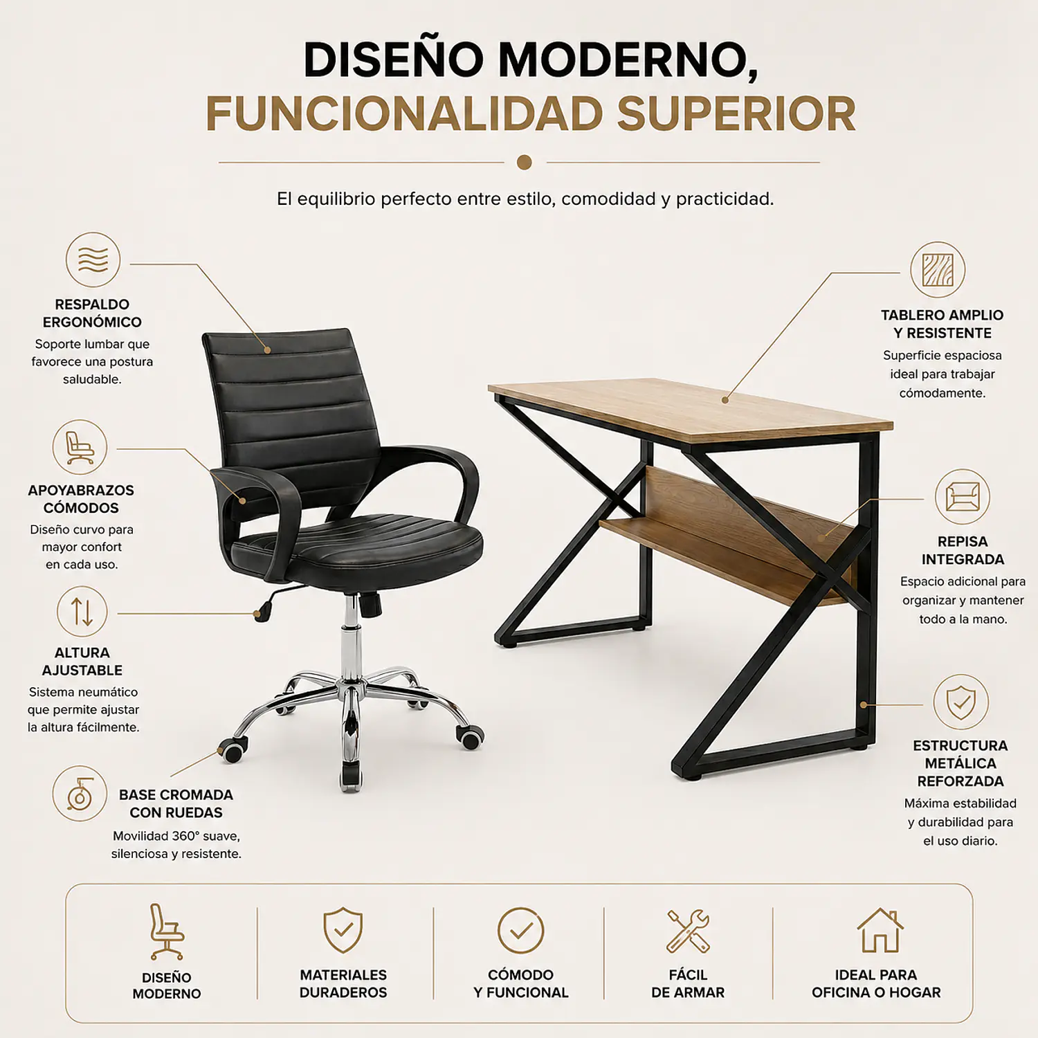 Set Escritorio Industrial con Silla Ejecutiva SemiErgonómica Negra 2