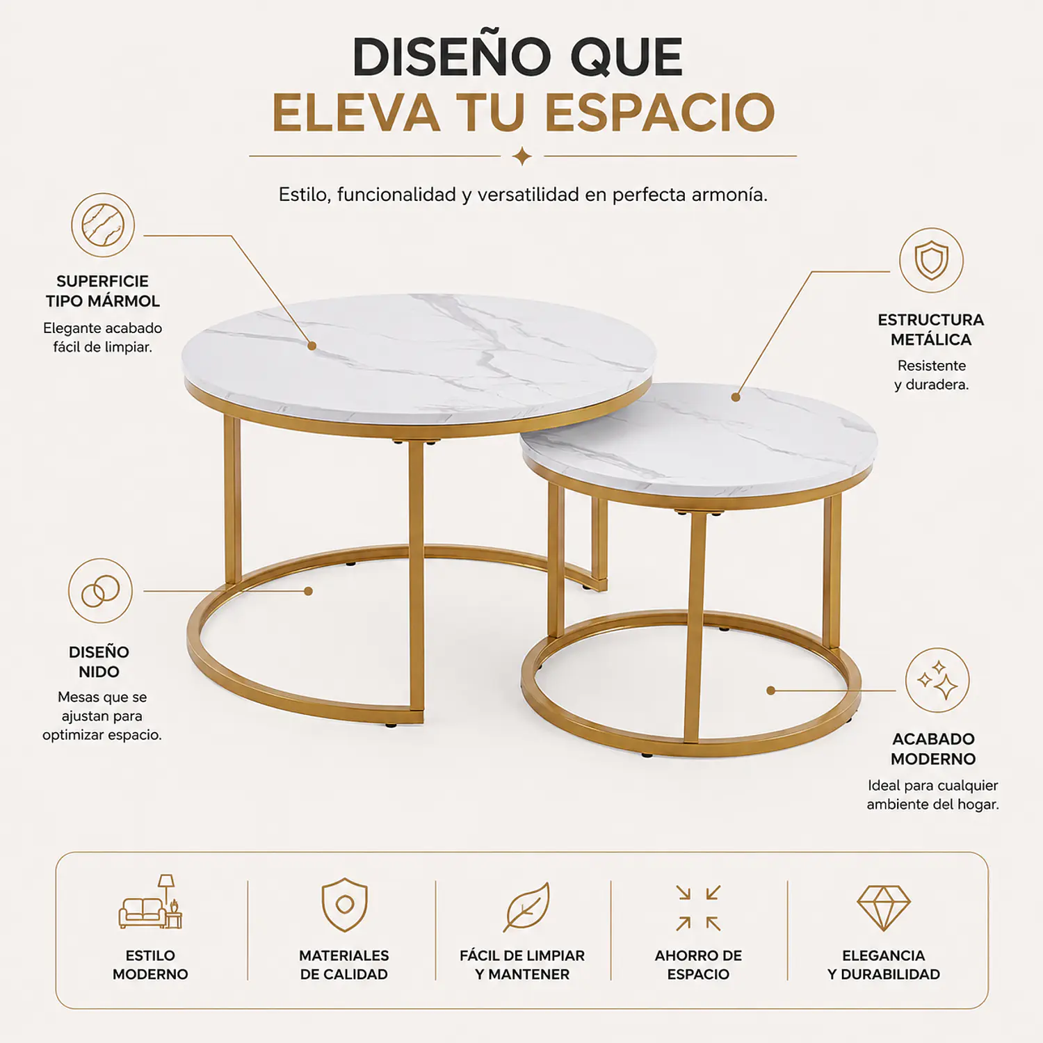 Set de Mesas de Centro Redondas MDF Estilo Mármol y Estructura Dorada 2