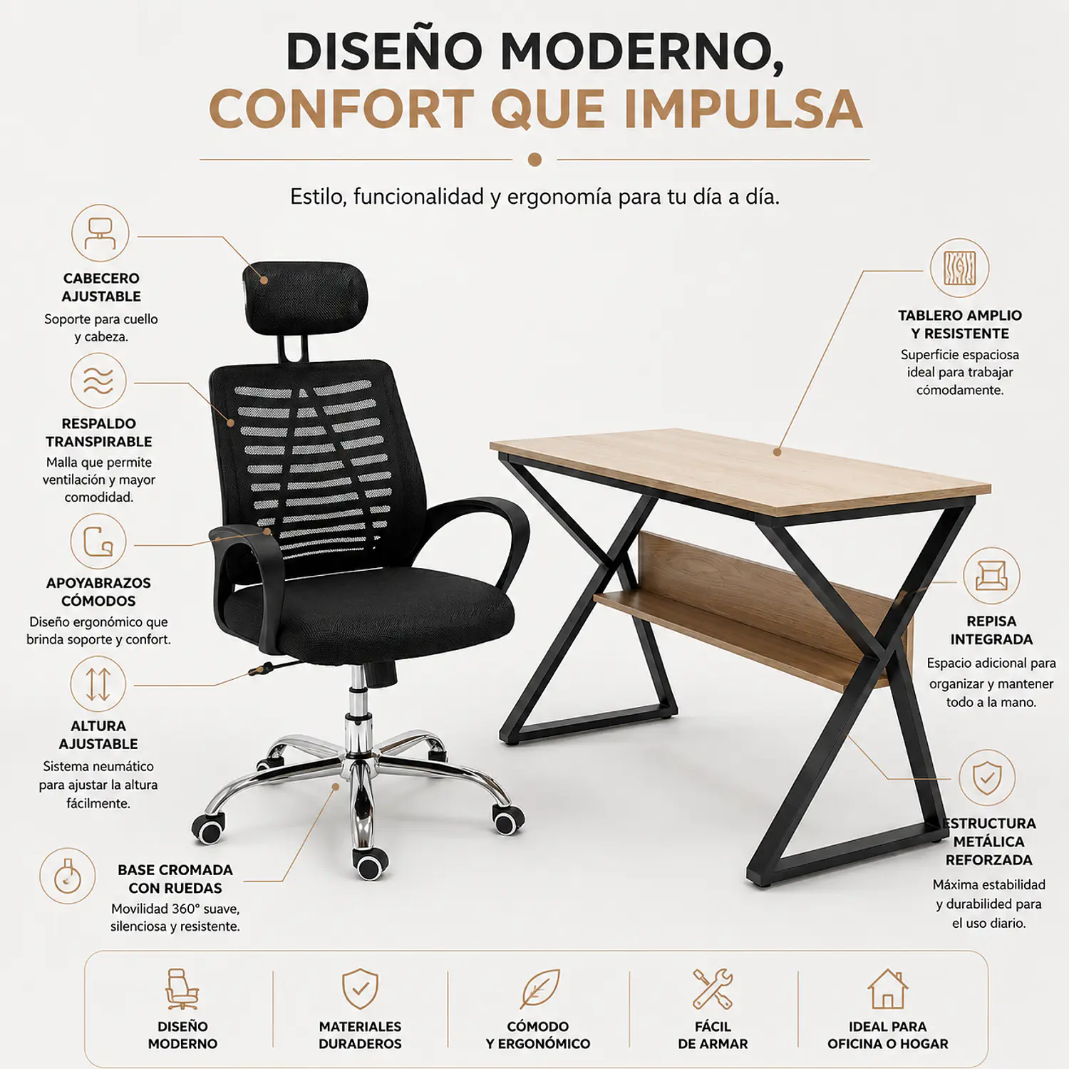 Set Escritorio Industrial con Silla de Oficina con Ruedas 2