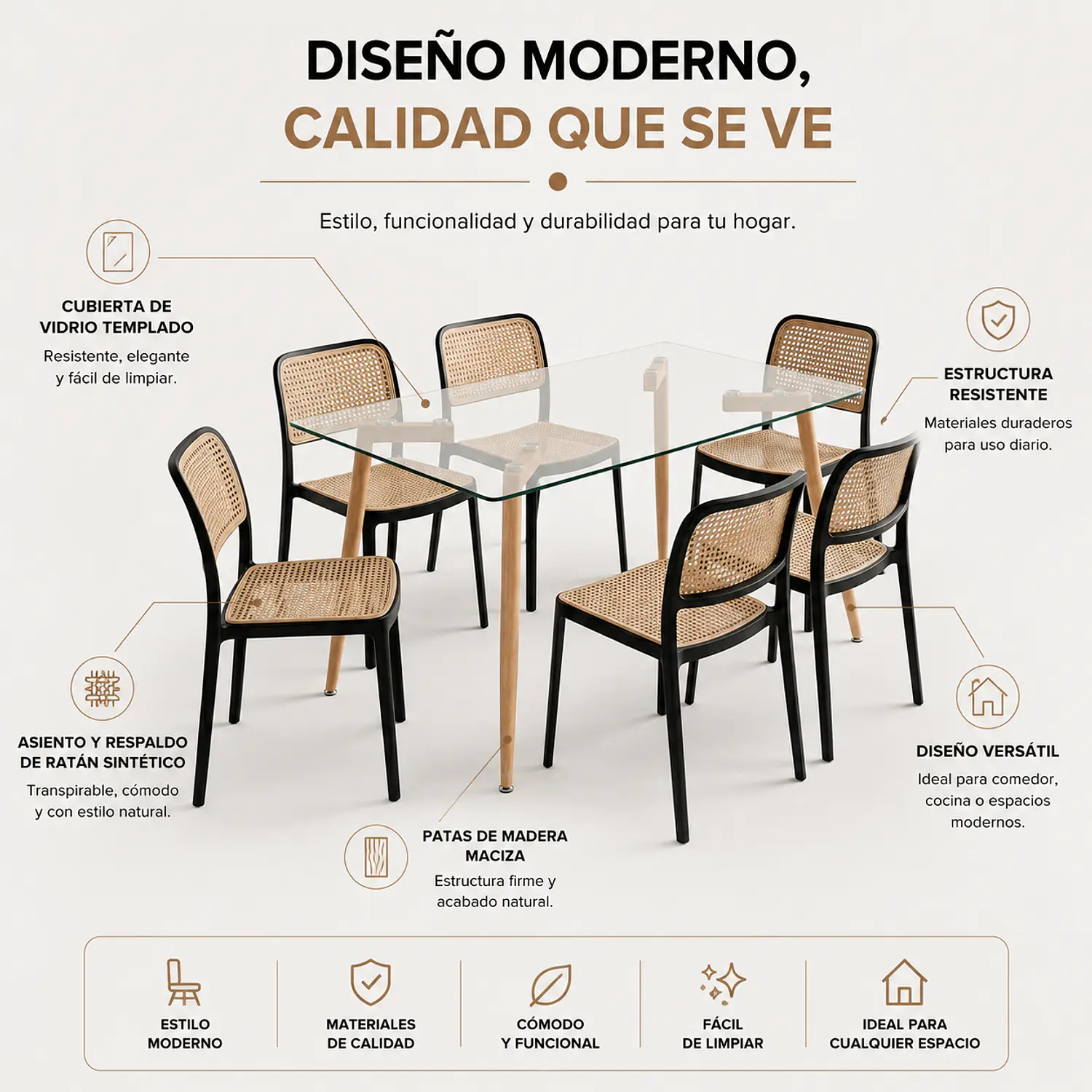 Juego de Comedor Moderno 6 Sillas Ratán y Mesa de Vidrio 2