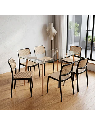 Juego de Comedor Moderno 6 Sillas Ratán y Mesa de Vidrio
