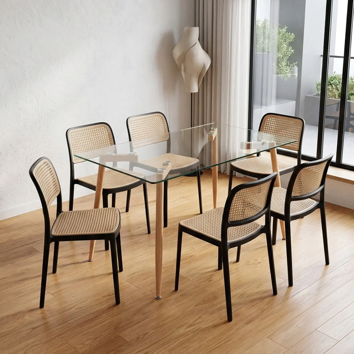 Juego de Comedor Moderno 6 Sillas Ratán y Mesa de Vidrio 1