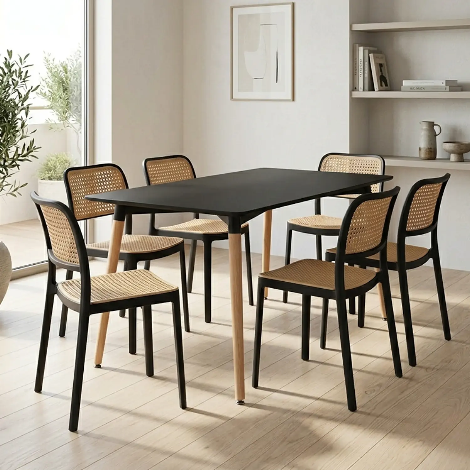 Comedor con 6 Sillas Ratán Moderno con Mesa Negra MDF 1