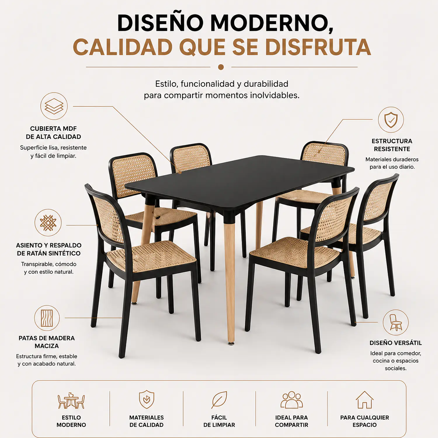 Comedor con 6 Sillas Ratán Moderno con Mesa Negra MDF 2