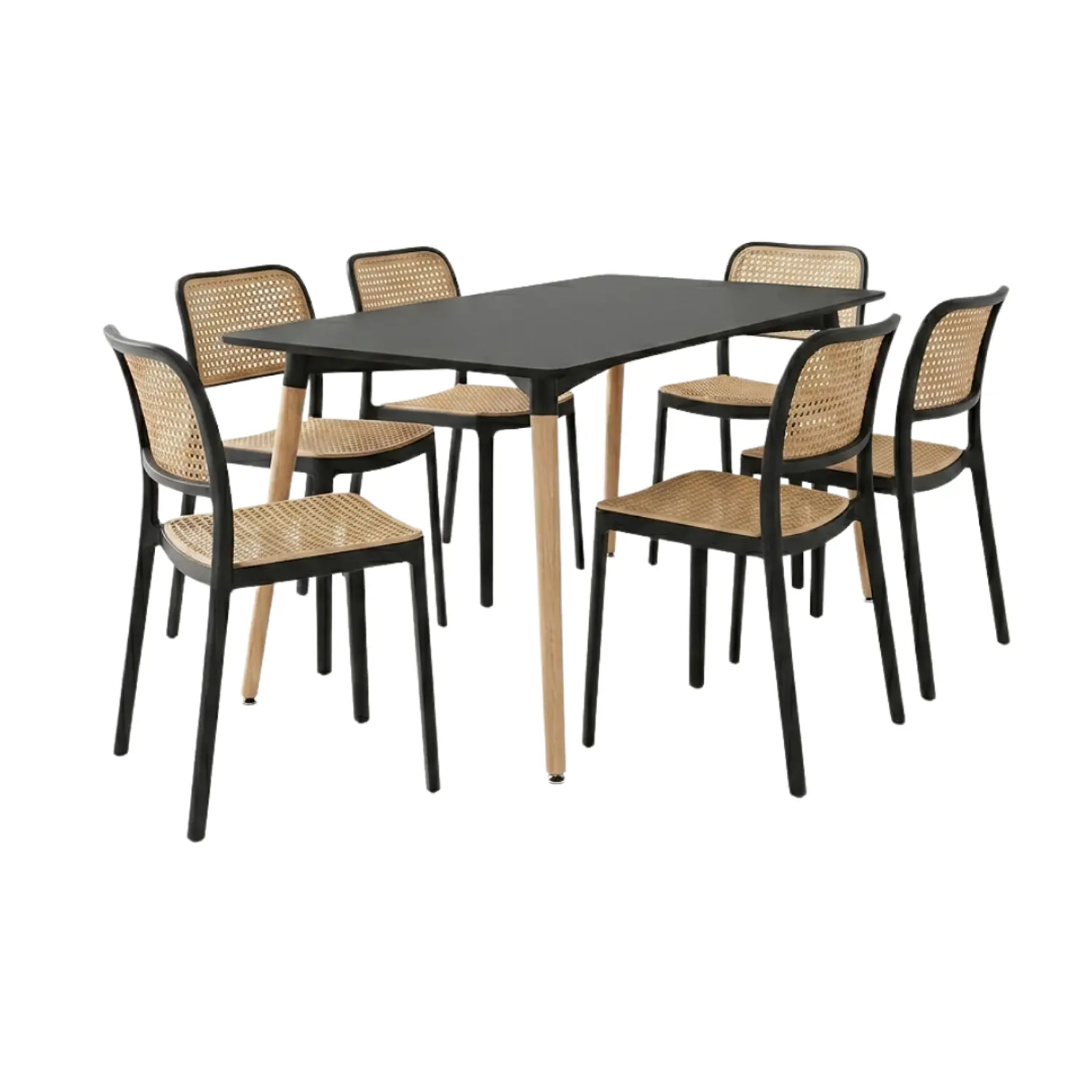Comedor con 6 Sillas Ratán Moderno con Mesa Negra MDF 3