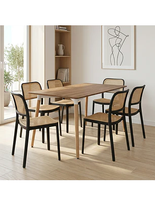 Comedor MDF Laminado con 6 Sillas Negras Estilo Ratán