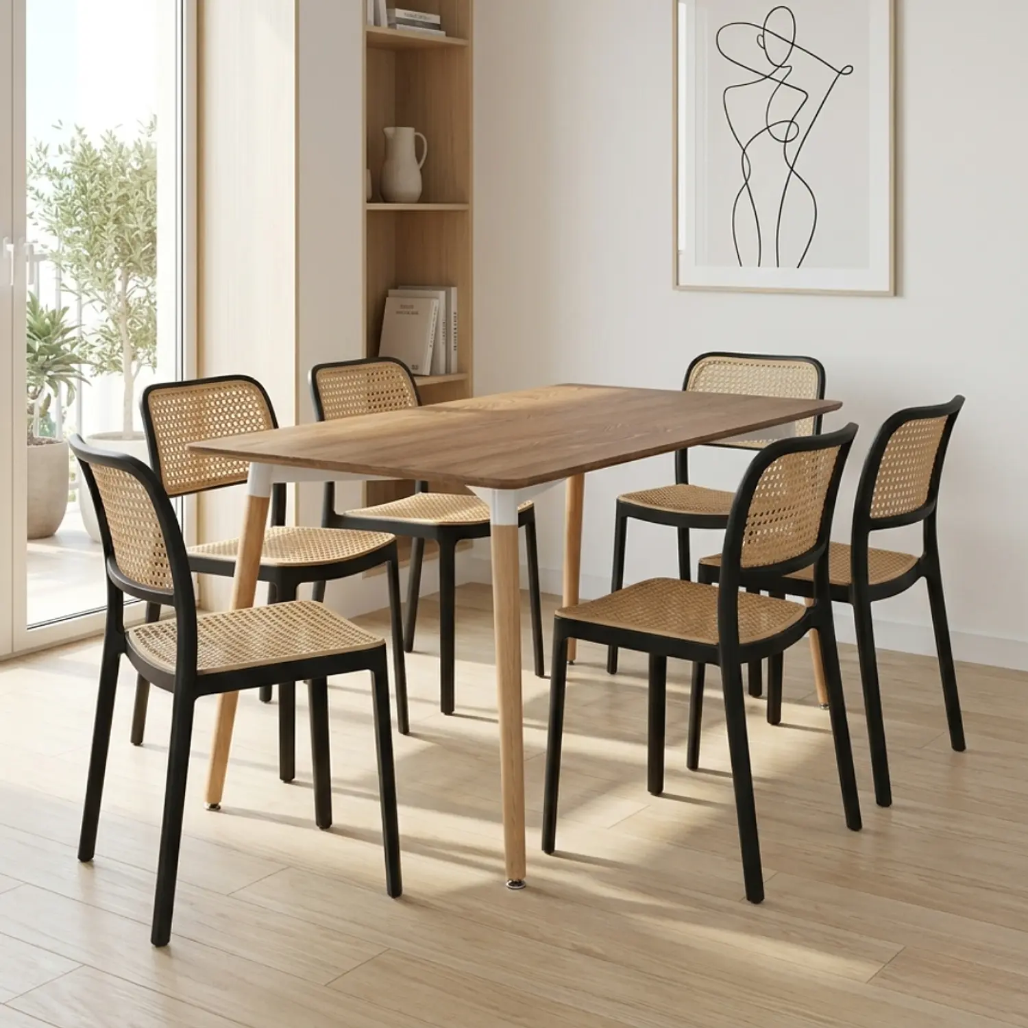 Comedor MDF Laminado con 6 Sillas Negras Estilo Ratán 1